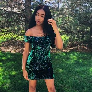 Sequin mini off the shoulder dress
